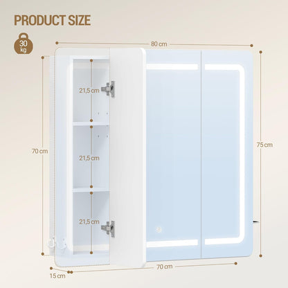 Hzuaneri Mirror Cabinet for Bathroom with LED Lighting, Mirror Cabinet for Bathroom, 3 Light Colours Adjustable, HD Mirror 16.5 x 75 x 80 cm White MC30003XEU