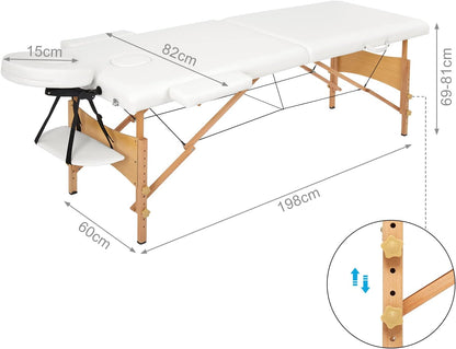 Meerveil Massagetafel, inklapbaar, 2 secties, inklapbaar, van PU en hout, met afneembare hoofdsteun, met transporttas en accessoires (wit), 198 x 60 x 81 cm