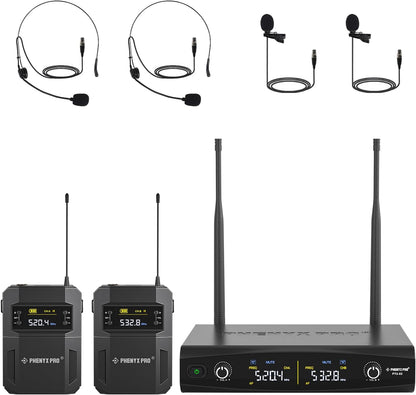 Phenyx Pro UHF Draadloos microfoonsysteem met 2 x 30 instelbare frequenties, draadloze metalen microfoonset, 61 m bereik, 2 bodypacks & headsets/microfoons voor spreken, zingen, kerk, DJ