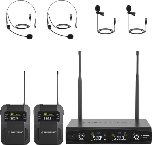 Phenyx Pro UHF Draadloos microfoonsysteem met 2 x 30 instelbare frequenties, draadloze metalen microfoonset, 61 m bereik, 2 bodypacks & headsets/microfoons voor spreken, zingen, kerk, DJ