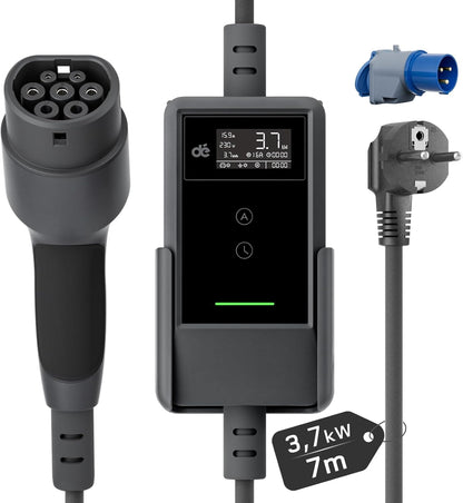 dé EV Charger Type 2 Schuko 3,7kW [7m, 1-Fase, 6-16A] Thuislader Type 2 met Digitaal Display, Instelbare Stroom, EV Oplader 3,7kW voor Model Y/3, ID.3/4, EX30, Enyaq en andere EV/PHEV