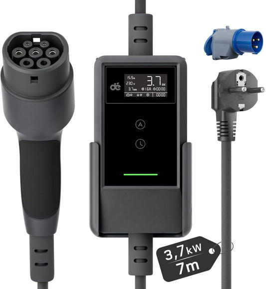 dé EV Charger Type 2 Schuko 3,7kW [7m, 1-Fase, 6-16A] Thuislader Type 2 met Digitaal Display, Instelbare Stroom, EV Oplader 3,7kW voor Model Y/3, ID.3/4, EX30, Enyaq en andere EV/PHEV