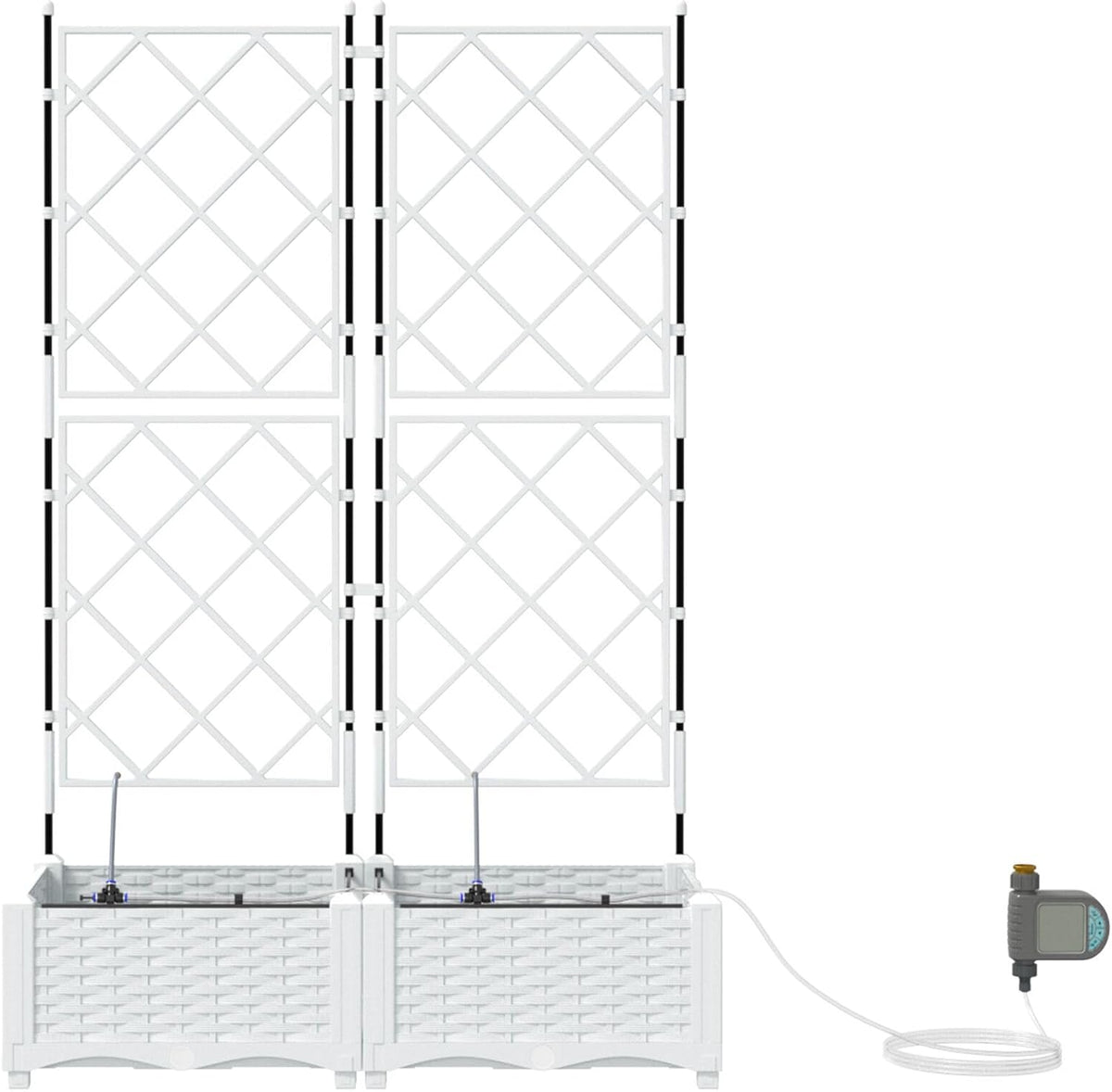 Set of 2 Flower Box with Irrigation System White with Adjustable Trellis for Climbing Plants, Modern Flower Box Made of Synthetic Rattan for Balcony, Garden, Indoor and Outdoor Use - QUORE