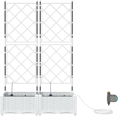 Set of 2 Flower Box with Irrigation System White with Adjustable Trellis for Climbing Plants, Modern Flower Box Made of Synthetic Rattan for Balcony, Garden, Indoor and Outdoor Use - QUORE