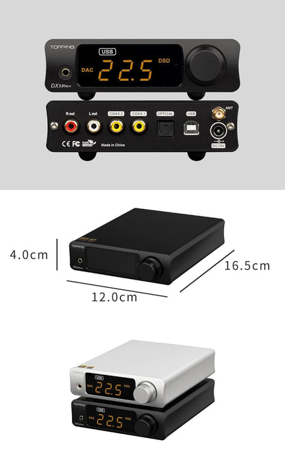 Topping DX3pro+ LDAC Hoofdtelefoonversterker - ES9038Q2M XU208 NFCA Bluetooth5.0 Audio Decoder USB/Opt/Coax DAC AMP Voorversterker met Afstandsbediening (Zwart)