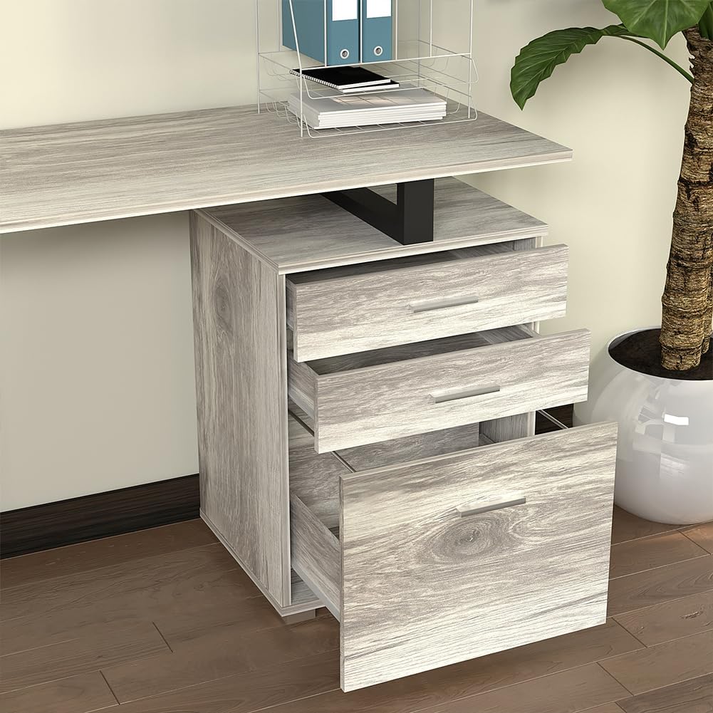 BAKAJI Scrivania Con cassettiera Bureau met lade, computertafel, staal, hout, kantoor grijs, Unica