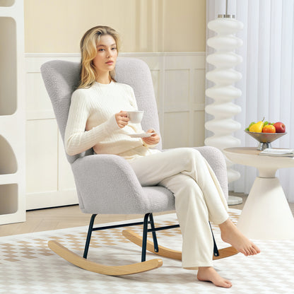 Schommelstoel – Schommelfauteuil – Relaxstoel – Loungestoel – Fauteuil – Lichtgrijs – Zachte Teddy Stof – Houten Schommelingen