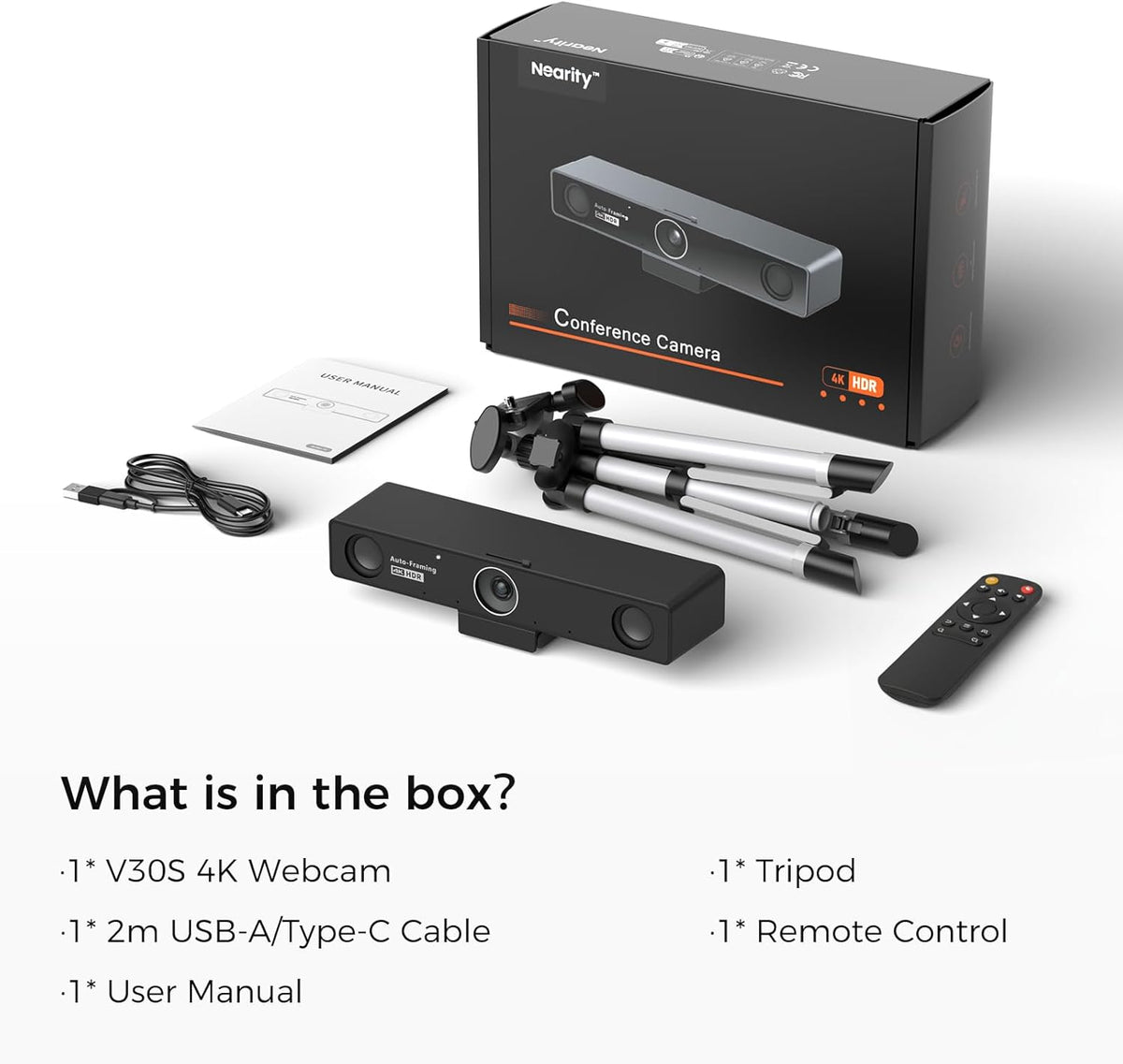 NEARITY V30S 4K videoconferentiecamera met microfoon, 120°-gezichtsveld/3-voudige digitale zoom, all-in-one conferentieruimte-webcam, twee microfoons, videoconferentiesysteem voor zakelijke