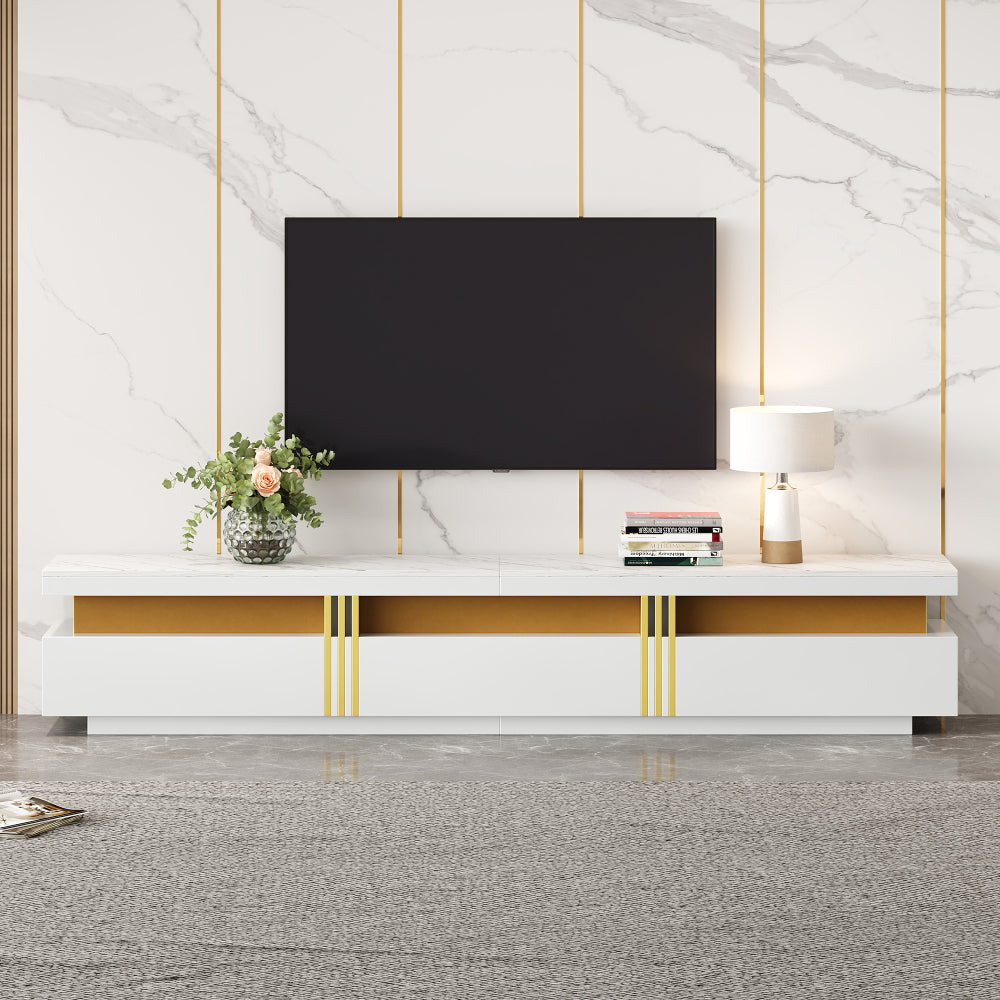 Contemporary low TV cabinet with marble finish, featuring three drawers and one cable management compartment. Dimensions: 200 x 40 x 42cm. Suitable for televisions under 90 inches., Media Console, Sleek Furniture, Modern Cabi