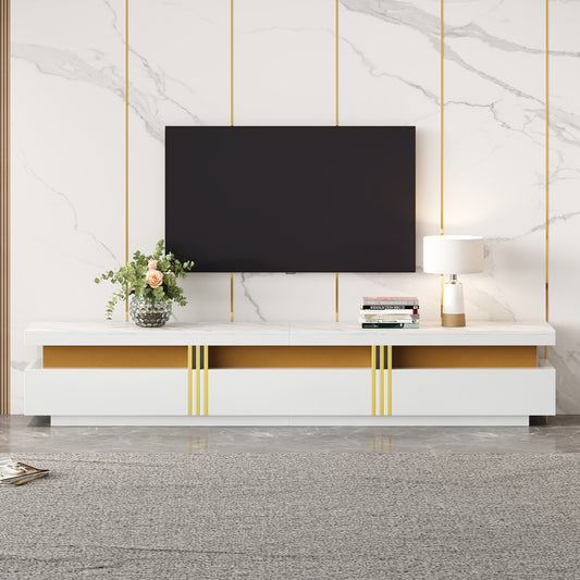 Contemporary low TV cabinet with marble finish, featuring three drawers and one cable management compartment. Dimensions: 200 x 40 x 42cm. Suitable for televisions under 90 inches., Media Console, Sleek Furniture, Modern Cabi