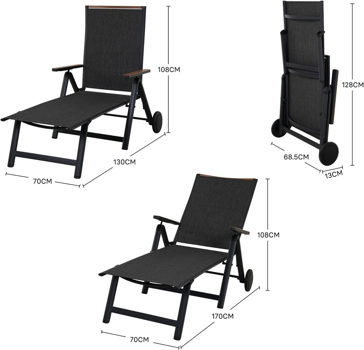 Grand patio Ligstoel, inklapbaar, aluminium ligstoel met 6-voudig verstelbaar, mesh-weefsel, weerbestendig, relaxstoel voor balkon, terras (zwart)