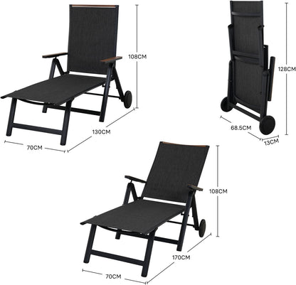 Grand patio Ligstoel, inklapbaar, aluminium ligstoel met 6-voudig verstelbaar, mesh-weefsel, weerbestendig, relaxstoel voor balkon, terras (zwart)
