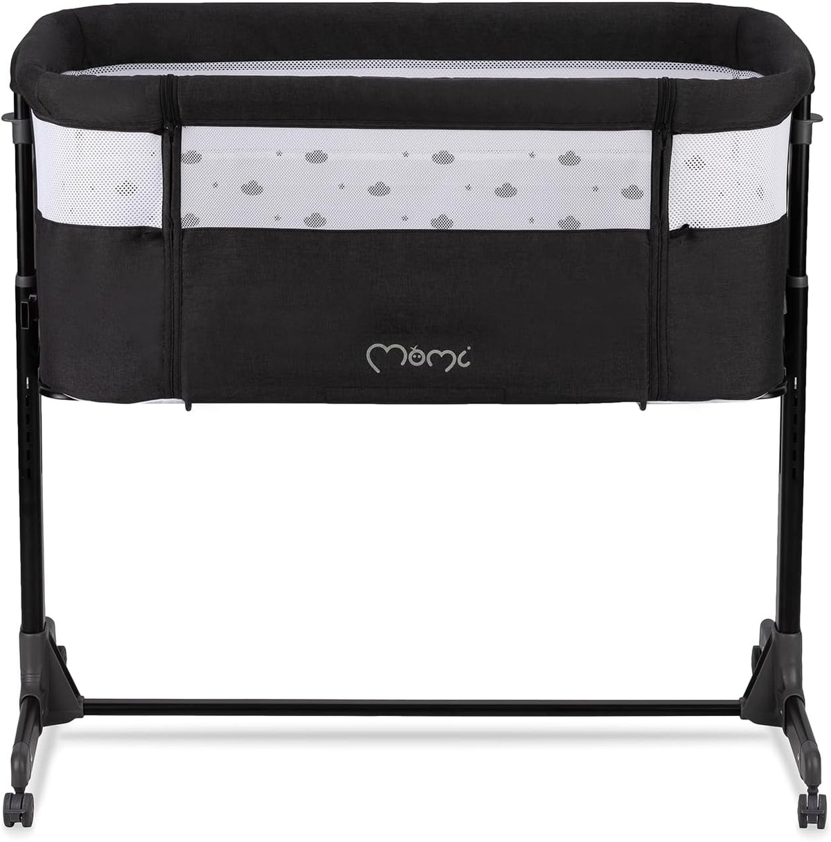 Momi Revo Multifunctionele bijzet- en kinderbed, 6-traps in hoogte verstelbaar van 72 tot 82 cm, met wielen, incl. matras, bevestigingsriemen, insectenbescherming en beugel met speelgoed