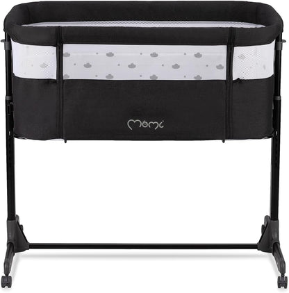 Momi Revo Multifunctionele bijzet- en kinderbed, 6-traps in hoogte verstelbaar van 72 tot 82 cm, met wielen, incl. matras, bevestigingsriemen, insectenbescherming en beugel met speelgoed
