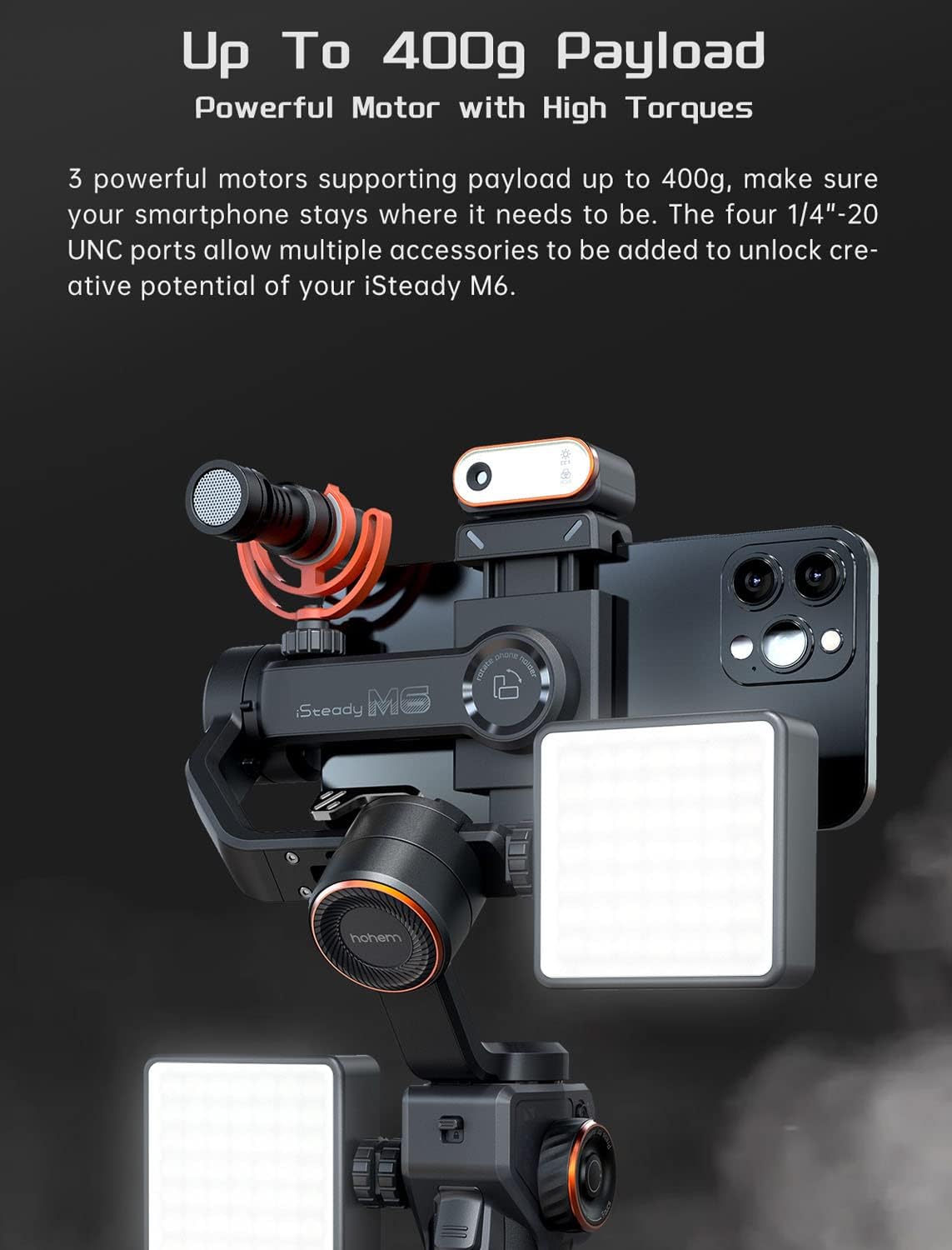 Hohem iSteady M6 Kit Smartphone Gimbal Stabilisator 3 assen met magnetische AI-Tracker Fill Light voor iPhone Android met 0,91 inch OLED-display Max. Draagvermogen 400 g