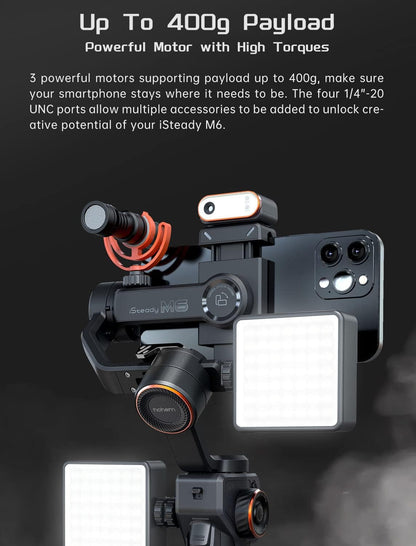 Hohem iSteady M6 Kit Smartphone Gimbal Stabilisator 3 assen met magnetische AI-Tracker Fill Light voor iPhone Android met 0,91 inch OLED-display Max. Draagvermogen 400 g
