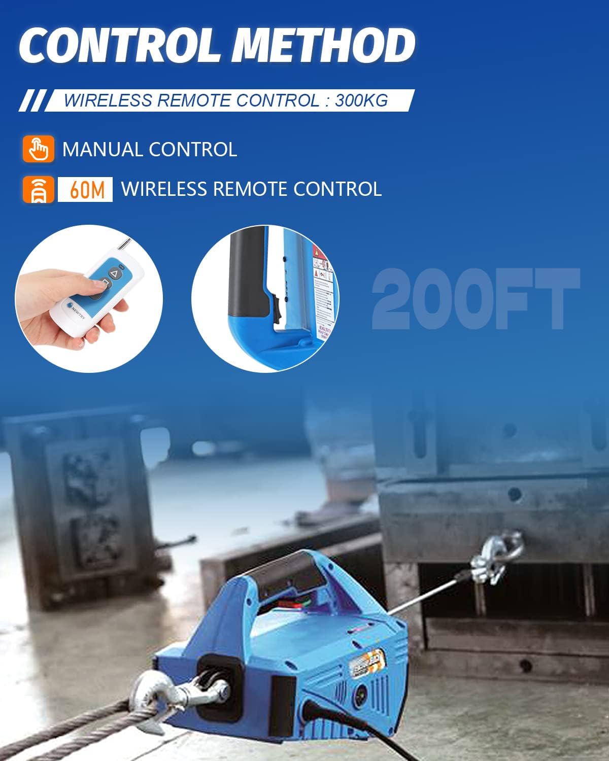 NEWTRY Elektrische takel met draadloze afstandsbediening, kabelafstandsbediening, 1500 W elektrische lier overbelastingsbeveiliging, maximale belasting 300 kg