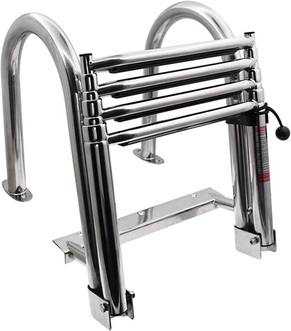 KAOLALI Ponton Bootladder, 4 treden, opvouwbaar, roestvrij staal, marine achterinstap, telescopische ladder met brede treden, zwemdekladder met pedaal, polsen, laadcapaciteit 200 kg