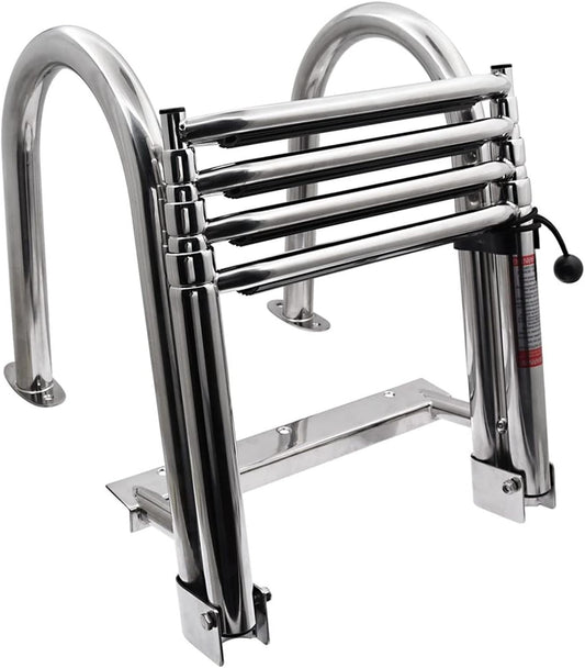 KAOLALI Ponton Bootladder, 4 treden, opvouwbaar, roestvrij staal, marine achterinstap, telescopische ladder met brede treden, zwemdekladder met pedaal, polsen, laadcapaciteit 200 kg