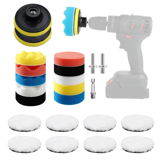 23-delige auto polijstset met 80 mm pads – incl. polijstopzetstuk accuschroevendraaier, boormachine-adapter en klittenbandsysteem – perfecte koplamp-polijstset voor elke polijstmachine auto