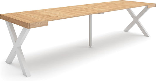 Skraut Home | Uittrekbare consoletafel | eettafel | 300 cm | voor 14 personen | poten massief hout | moderne stijl | eiken