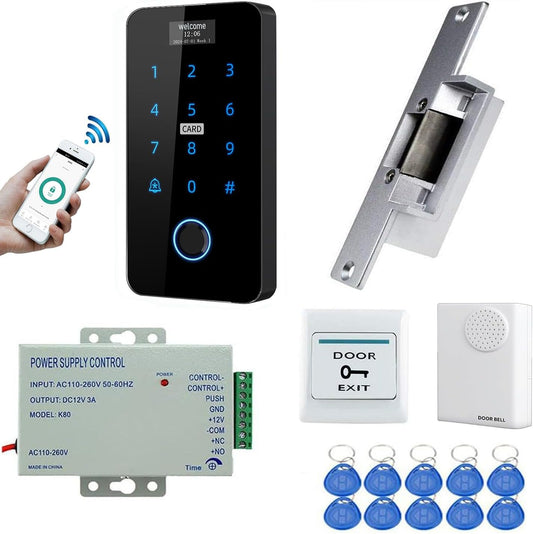 YAVIS kit Tuya WiFi toegangscontrole systeem, touchscreen vingerafdruk toetsenbord met scherm, NC type elektrisch deurslot, IP68 waterdicht, RFID 125KHz/13.56MHz, deurbel voeding, knoppen