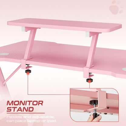 Intimate WM Heart Gaming Bureau, grote ergonomische gaming computer bureau, koolstofvezel tafelblad E-Sports bureau met verstelbare monitor plank, draaibare oortelefoon, beker, handvat houders, roze