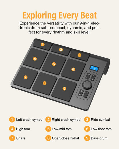 9-pads elektronische drum met LCD, dubbele stereoluidsprekers en pedalen | Draagbaar tafeldrumset voor beginners en professionals | Bluetooth MIDI-compatibel | Ideaal voor thuis, studio en