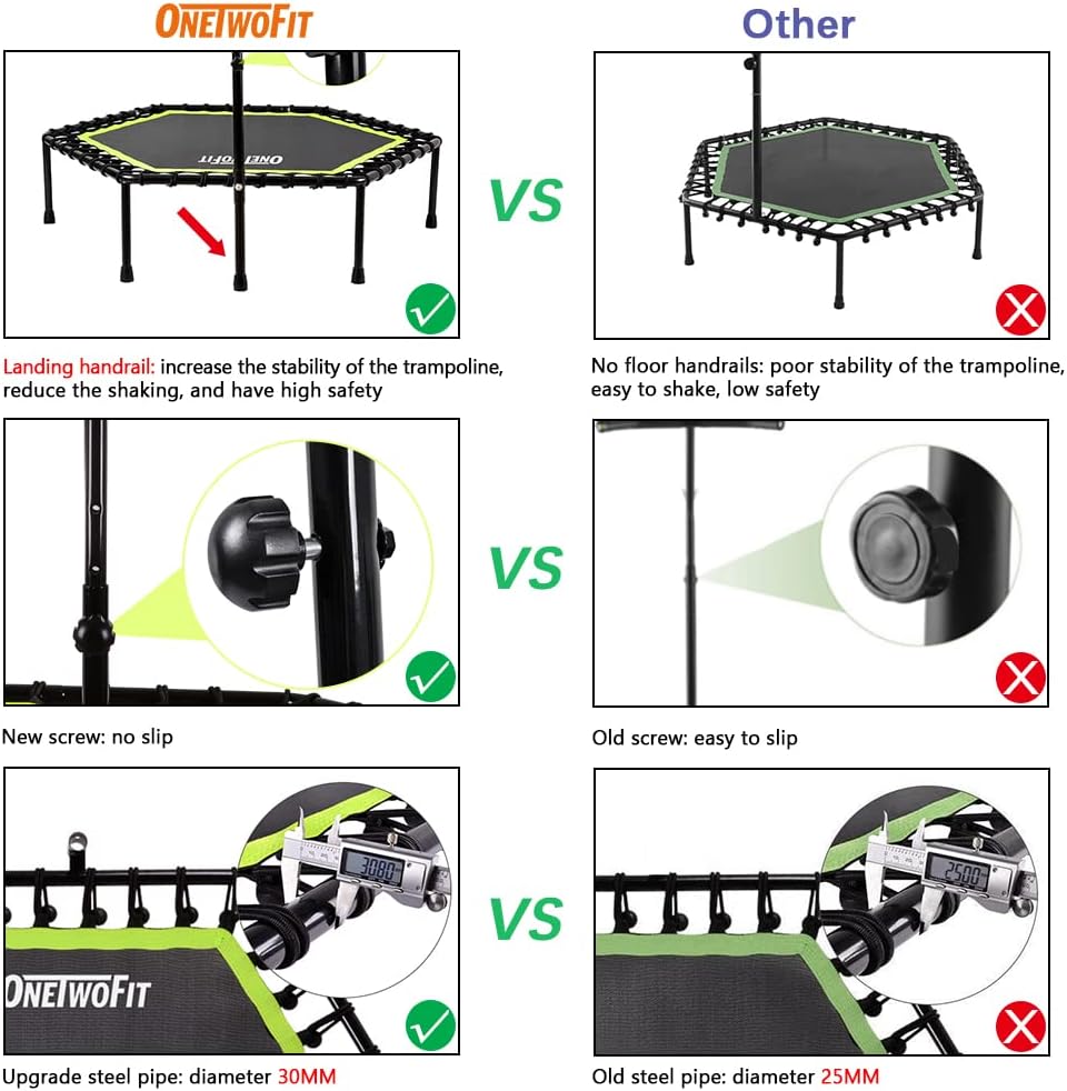 OneTwoFit Diameter stille trampoline met in hoogte verstelbare handgreep, fitnesstrampoline training zoals in de fitnessstudio trainer workout voor volwassenen