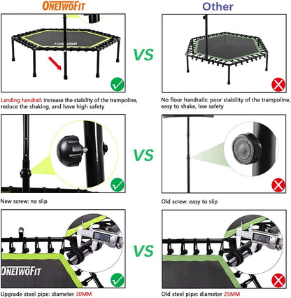 OneTwoFit Diameter stille trampoline met in hoogte verstelbare handgreep, fitnesstrampoline training zoals in de fitnessstudio trainer workout voor volwassenen