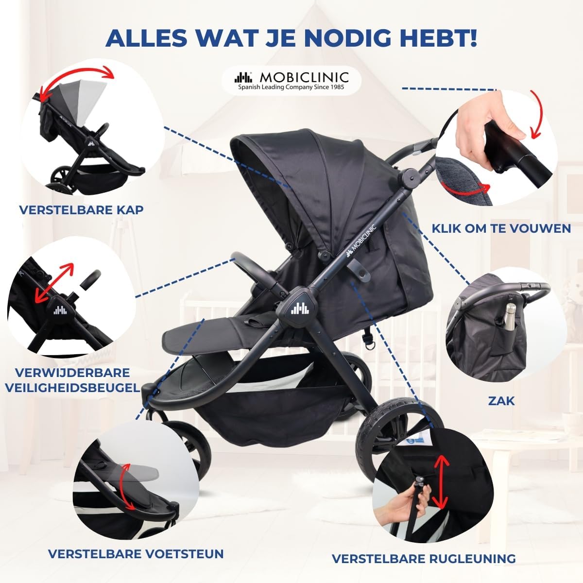 Mobiclinic® kids, Kinderwagen met 3 wielen, Agnes, All-terrain eenhandig handvat, 5-puntsgordel, Achterzak, Sportieve stijl, Eénklik-vouwsysteem, Xxl-mand, Tot 22 kg