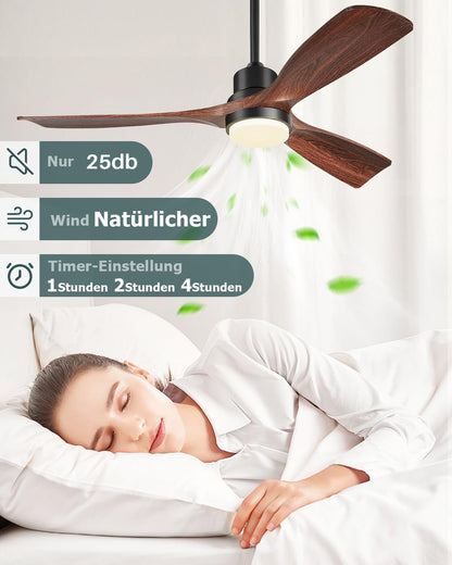 Plafondventilator met verlichting en afstandsbediening, stille DC-motor, 52 inch (132 cm), 3 vleugels, timer, 6 snelheden, ETL-vermeld, zomer, winterfunctie, walnoot