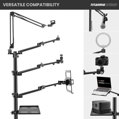 Mobiele Streamingstandaard – Vloerstandaard op Wielen – Vloerstatief – Camerastandaard – Microfoonstandaard – 5-In-1 Modulaire Studio-opstelling – 155 cm Hoog, 3 Vergrendelbare Wielen