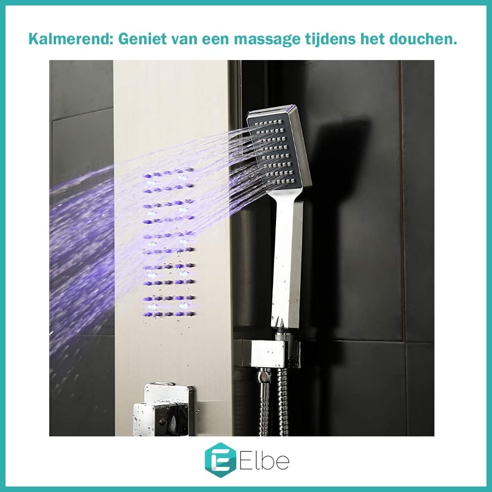 Elbe® LED-douchepaneel in geborsteld 304 roestvrij staal met 4 functies voor nog meer wellness en ontspanning in uw eigen badkamer