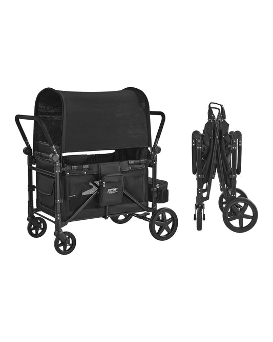 VEVOR Wagon Kinderwagen voor 4 Kinderen, Push Pull Quad Opvouwbare Kinderwagen met Verstelbare Handvat, 5-punts Veiligheidsharnas & Afneembare Luifel, 4-zits Kinderwagen voor Camping, Zwart (149,7 kg