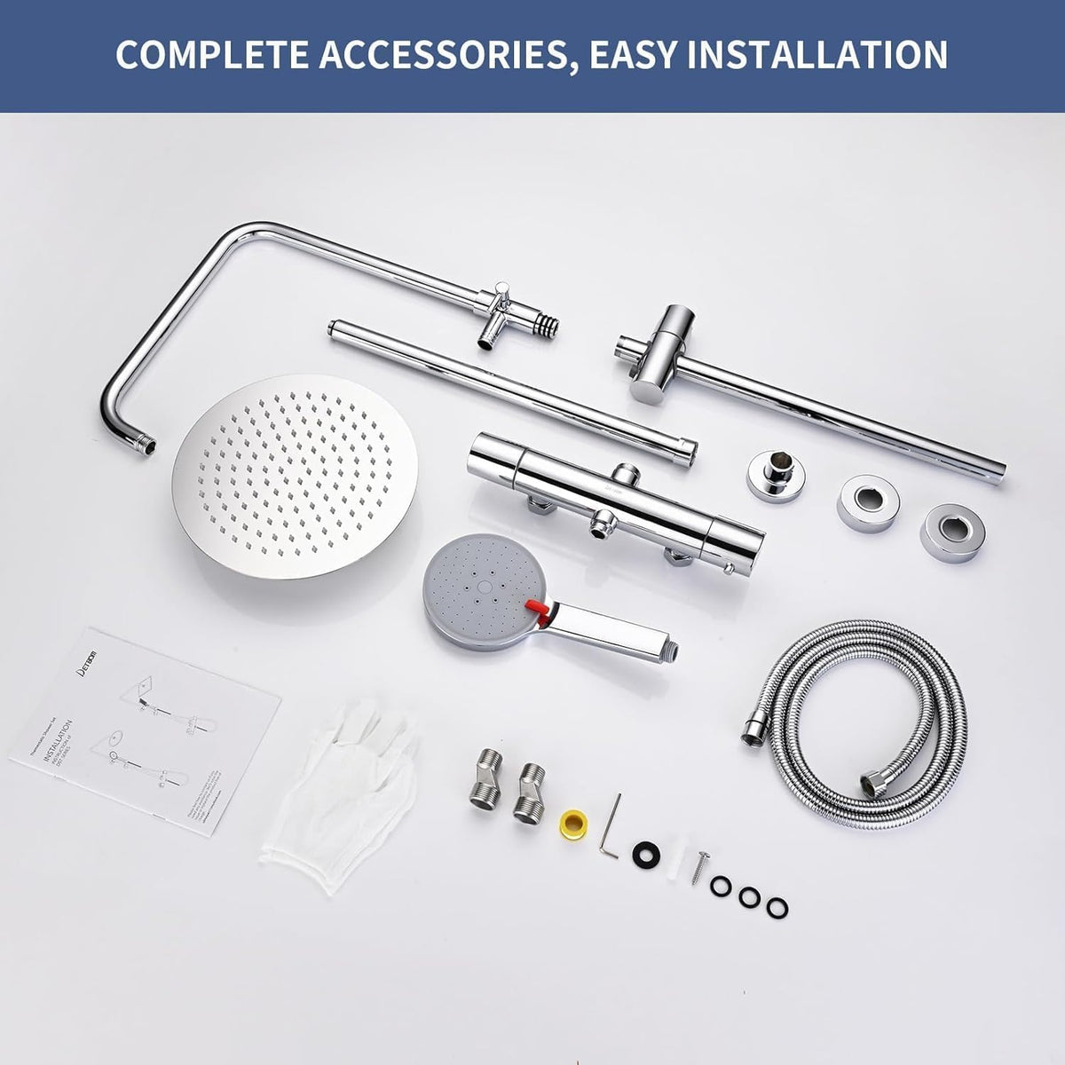 Doucheset – Douchesysteem – Regendouche – Handdouche – Thermostaatkraan – RVS 25 cm Regendouche – 3 Straalsoorten Handdouche – Verstelbare Douchestang
