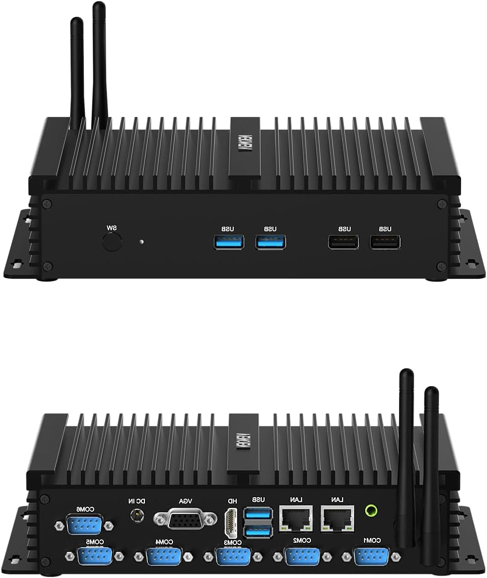 VENOEN Industrial Mini PC, Fanless PC I7, Industrial Computer, Core i7 8550U, W11 Pro, HD1.4, VGA, Dual Display, 6 RS232 COM, RJ45 LAN, USB, SIM slot, WLAN, BT4.0, WOL, RAID, 16GB RAM 512GB - QUORE