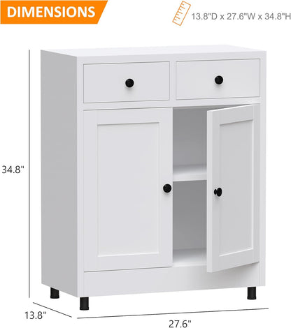 Metalen opbergkast met 2 laden en verstelbare plank, dressoir buffetkast voor thuis, kantoor, hal, entree, woonkamer, keuken bijkeuken en eetkamer (wit) - QUORE