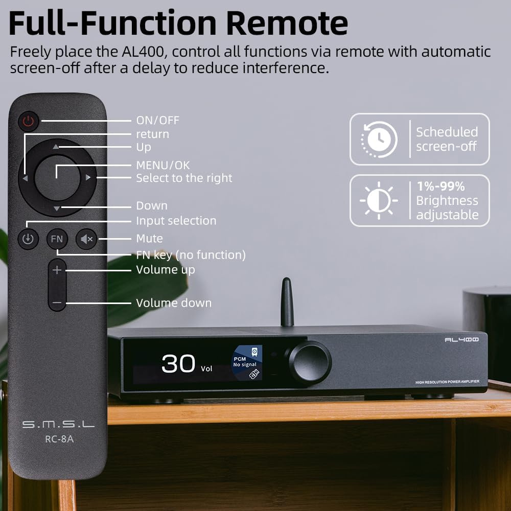 SMSL AL400 Alles-in-één hifi-decoder/voorversterker/Phono-eindversterker, CS43131-chip, voor MM- en MC-cartridge, RCA/BT/USB/Opt/Coax/HDMI eARC/Phono-versterkeringang, voor draaitafel/tv