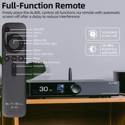 SMSL AL400 Alles-in-één hifi-decoder/voorversterker/Phono-eindversterker, CS43131-chip, voor MM- en MC-cartridge, RCA/BT/USB/Opt/Coax/HDMI eARC/Phono-versterkeringang, voor draaitafel/tv