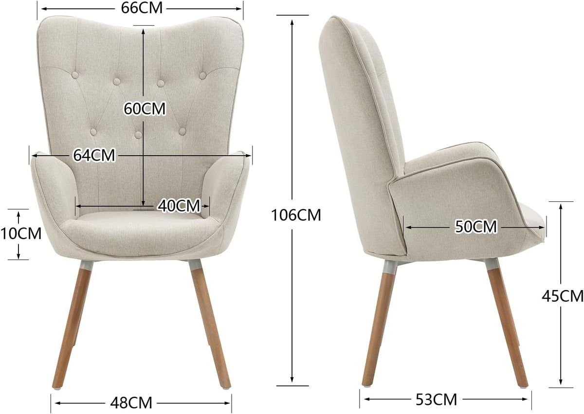 MEUBLE COSY Set van 2 fauteuils voor woonkamer accentstoel met hoge vleugelrug en gewatteerde armleuningen, houten poten, bank voor lezen lounge slaapkamer ingang, beige, metaal, 66x71x106 cm