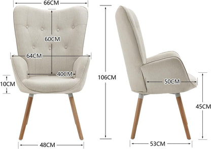 MEUBLE COSY Set van 2 fauteuils voor woonkamer accentstoel met hoge vleugelrug en gewatteerde armleuningen, houten poten, bank voor lezen lounge slaapkamer ingang, beige, metaal, 66x71x106 cm