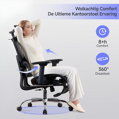 Ergonomische Bureaustoel met Voetensteun - 5-Zones Verstelbare Rugleuning, 2D Lendensteun, 3D Arm-/Hoofdsteun, 145° Kantelfunctie + Ademend Net voor Kantoor/Thuiswerk/Studie, Zwart