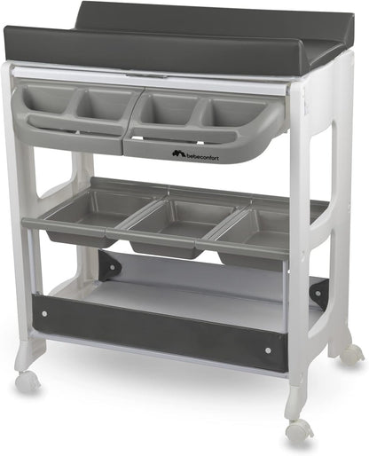 Bebeconfort Dolphy, 2-in-1 Baby Bad & Verschoontafel, 0-12 Maanden(max. 11 kg), Eenvoudig Verplaatsen met 4 Wielen, Meerdere Opbergvakken, Gewatteerd Verschoonkussen, Easy Tub Drainage, Grey Mist
