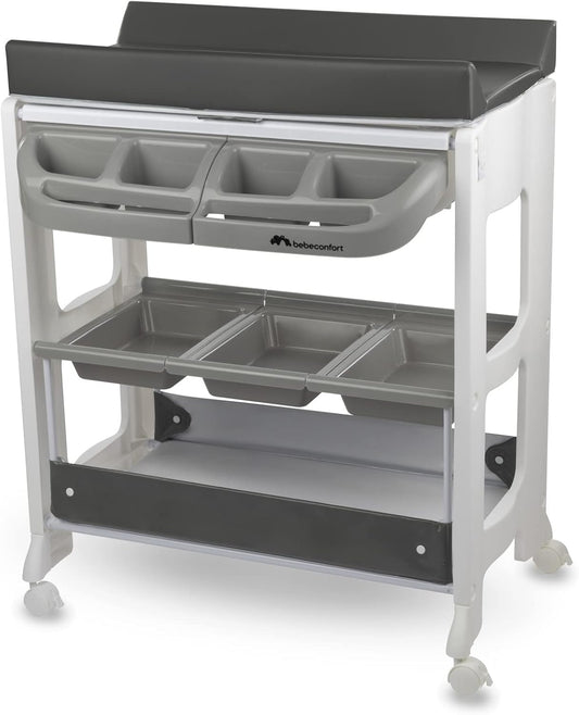 Bebeconfort Dolphy, 2-in-1 Baby Bad & Verschoontafel, 0-12 Maanden(max. 11 kg), Eenvoudig Verplaatsen met 4 Wielen, Meerdere Opbergvakken, Gewatteerd Verschoonkussen, Easy Tub Drainage, Grey Mist