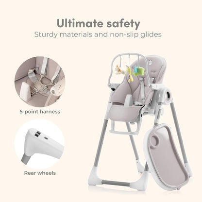 Adjustable, Collapsible, Baby High Chair with Toy Arch - Baby Highchairs with 7 different heights, Adjustable seat with 5 different positions - High chairs, Removable tray, Clean to sweep, Comfortable - QUORE