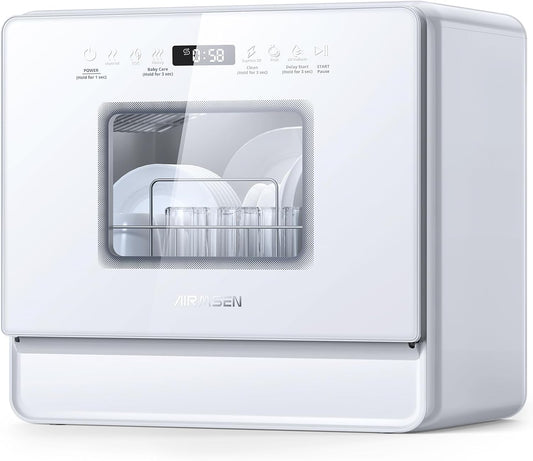 AIRMSEN Table Dishwasher Mini Dishwasher with Soft Water System, 7+2 Programs & 5L Water Tank, Compact Dishwasher with/without Connection for Water, Ideal for Apartments and Motorhomes - QUORE