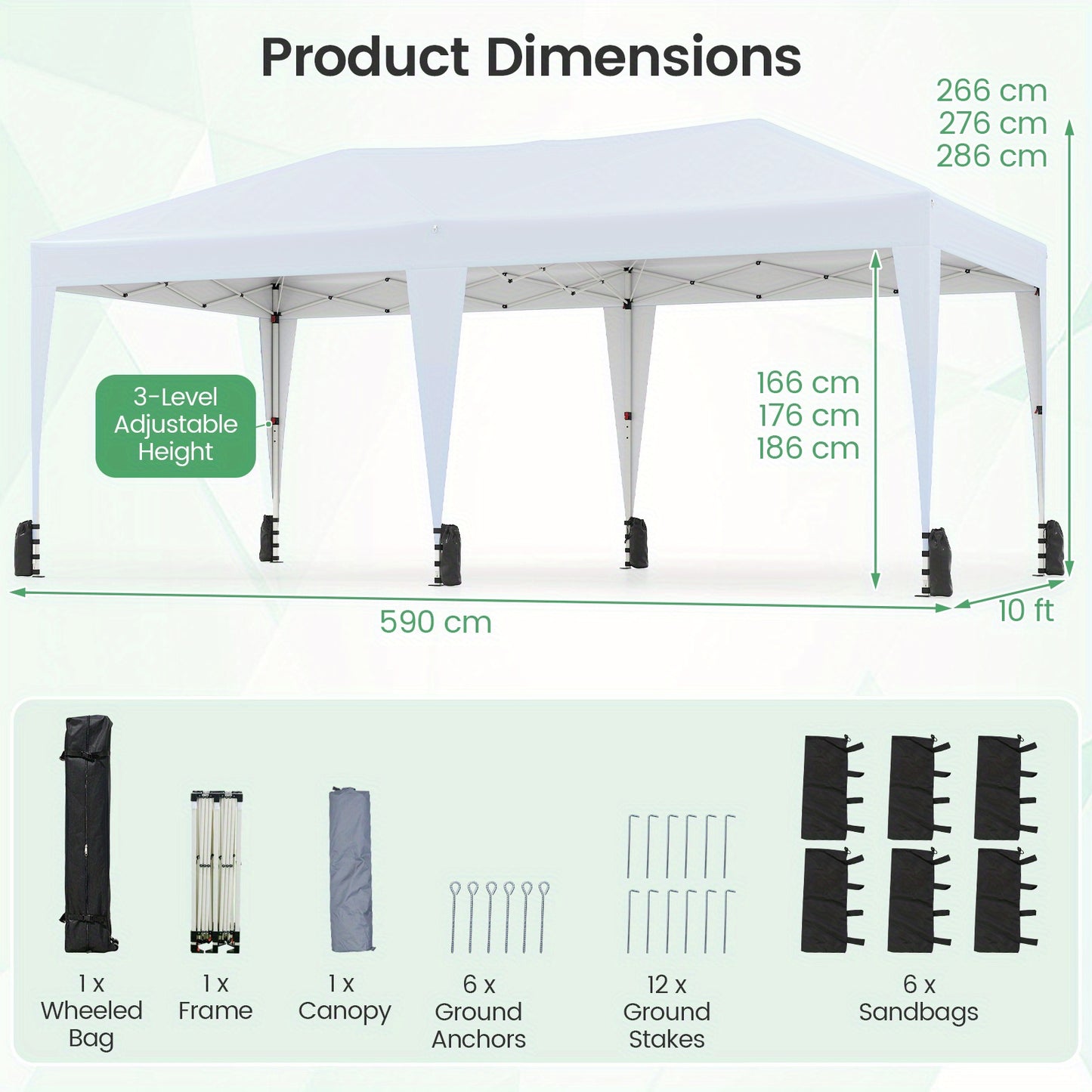 Partytent – Paviljoen – Tuintent – Feesttent – Opvouwbare Tent – 590x300 cm – Pop-up & Verstelbare Hoogte – Waterbestendig Oxford Stof met Draagtas met Wieltjes