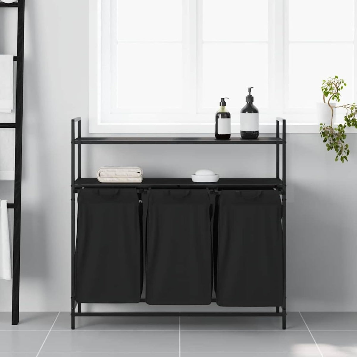 Wasmand – Wasbak – Wasbox – Sorteerbak – Laundry Basket – 3 Compartimenten – Stevig Stalen Frame Met Houten Planken
