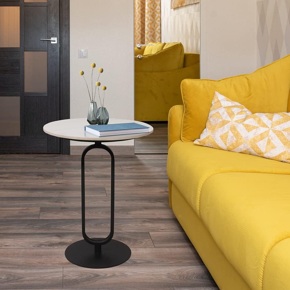 Bijzettafel rond, marmeren salontafel, banktafel, kleine koffietafel, metaal zwart, voor woonkamer slaapkamer, laptoptafel, banktafel